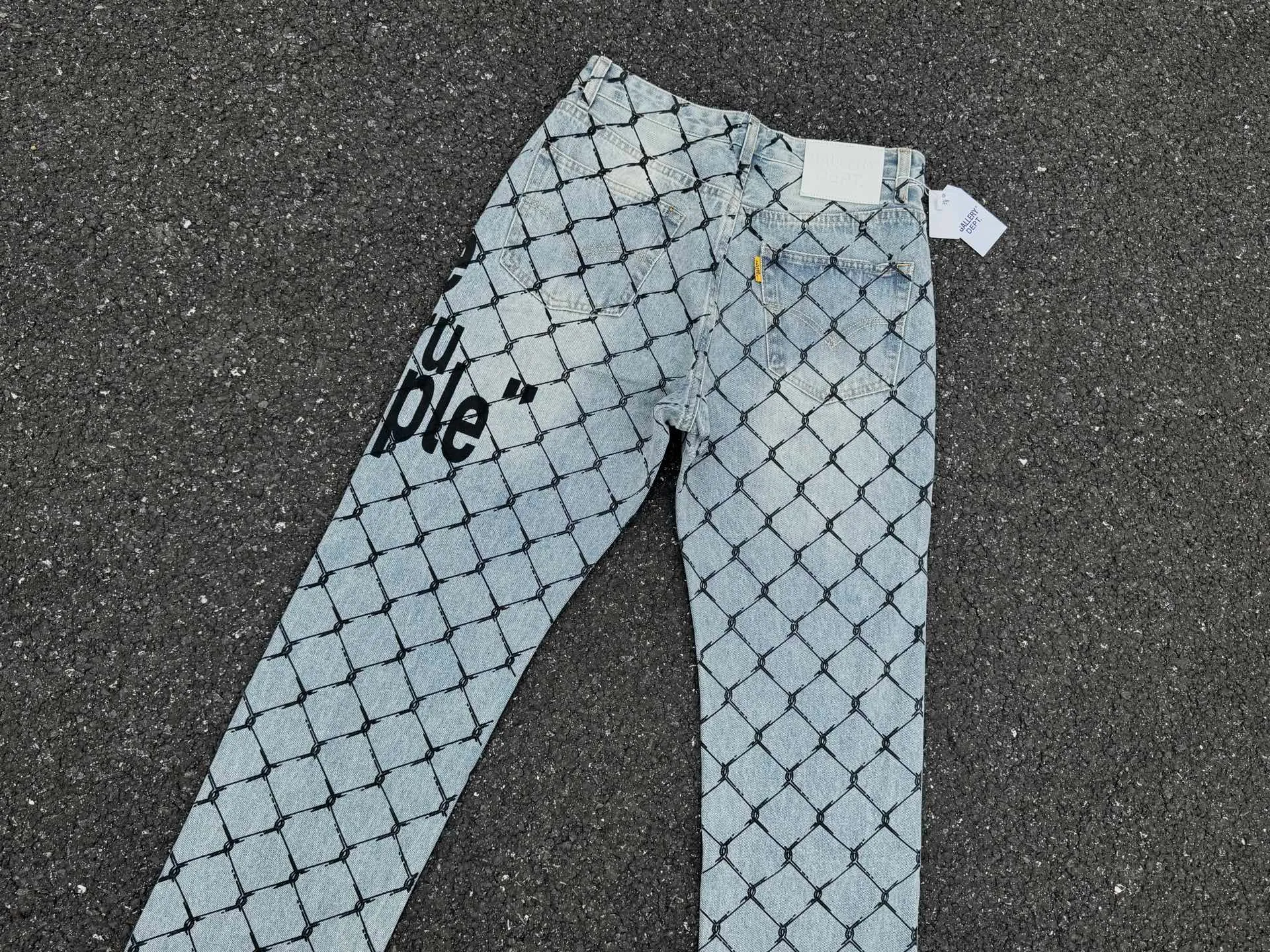 P240💰G786 GALLERY DEPT. Steel mesh letter printed slim jeans jeans casual group trendy American slim men's and women's trousers Color: blue Size: S-XXL (corresponding to 28-36)